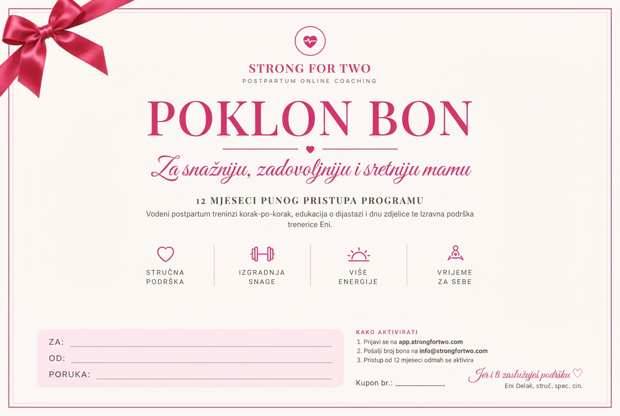 Primjer digitalnog poklon bona Strong For Two: naslov Poklon bon, mjesta za primatelja i poruku te uputa za aktivaciju