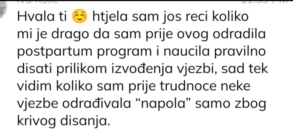 Klijentica: naučila je pravilno disati tijekom vježbi zahvaljujući postpartum programu.