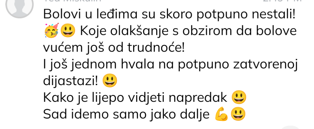 Klijentica: bolovi u leđima su skoro potpuno nestali i dijastaza je zatvorena.