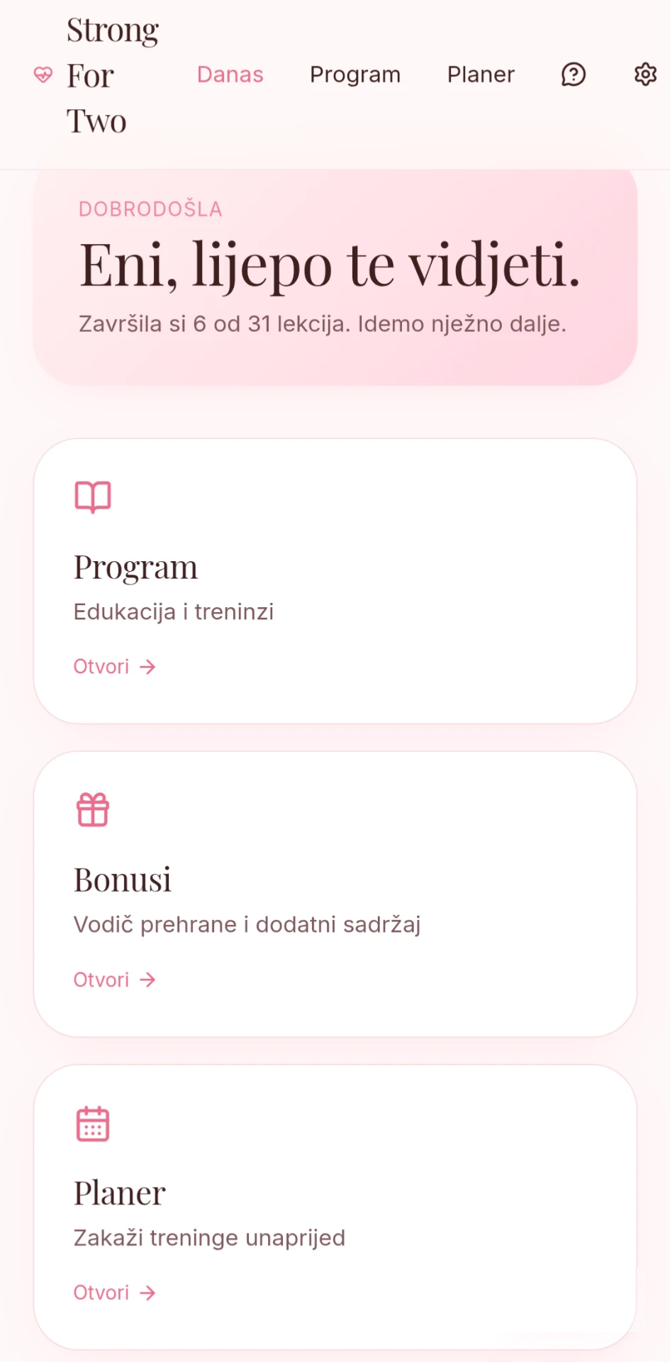 Aplikacija Strong for Two: pozdravna poruka dobrodošlice te kartice Program, Bonusi i Planer